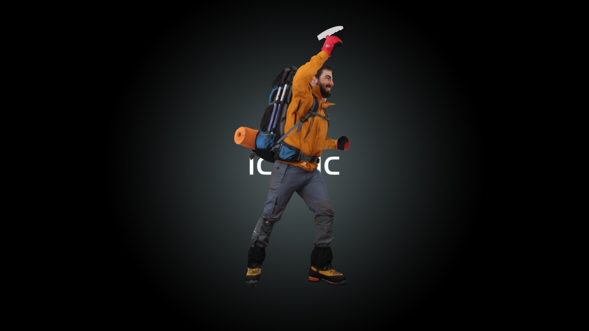 3D model Climber - This is a 3D model of the Climber. The 3D model is about a person in an orange jacket and blue pants holding a white and black object.