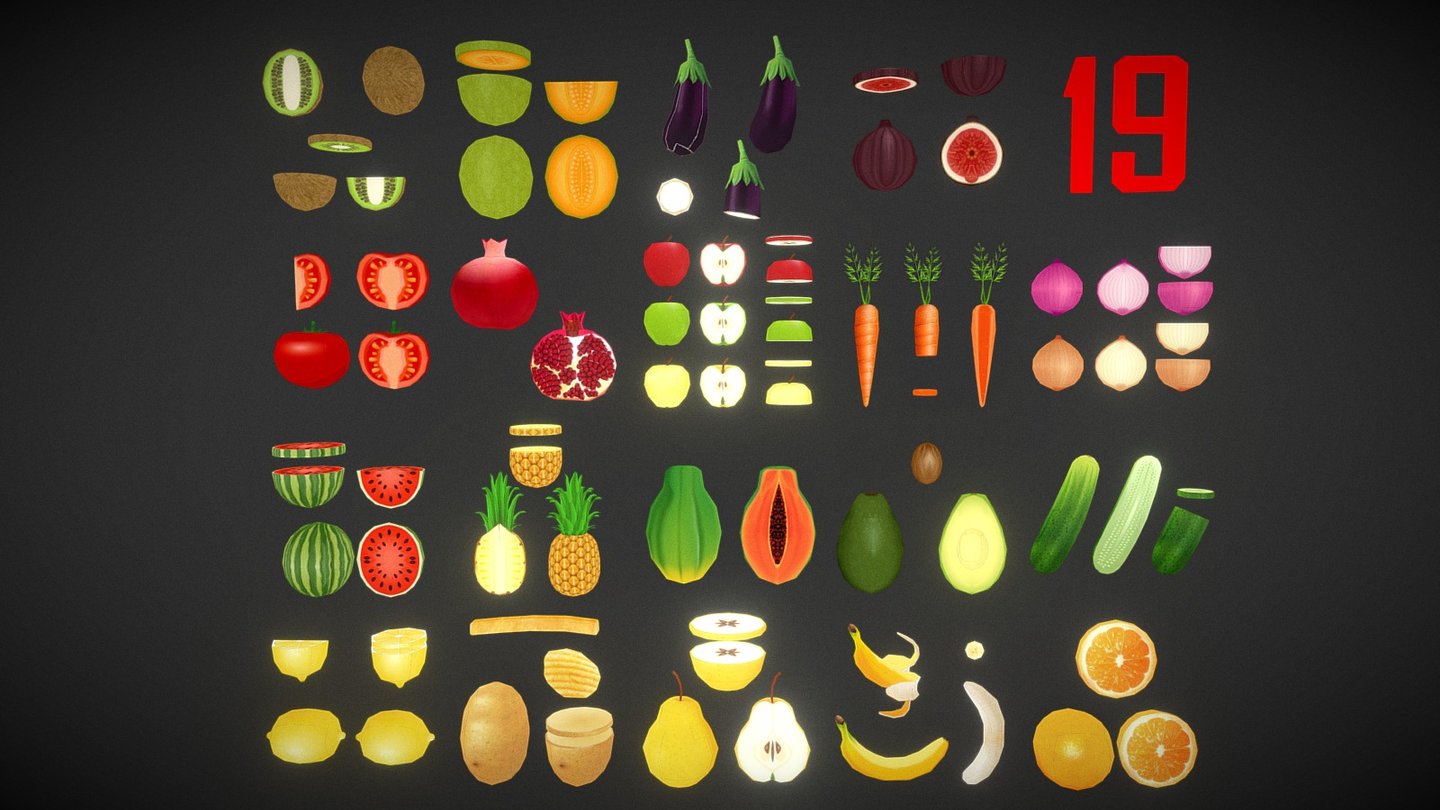 Fruits and Vegetables Low Poly - Cartoon Style
