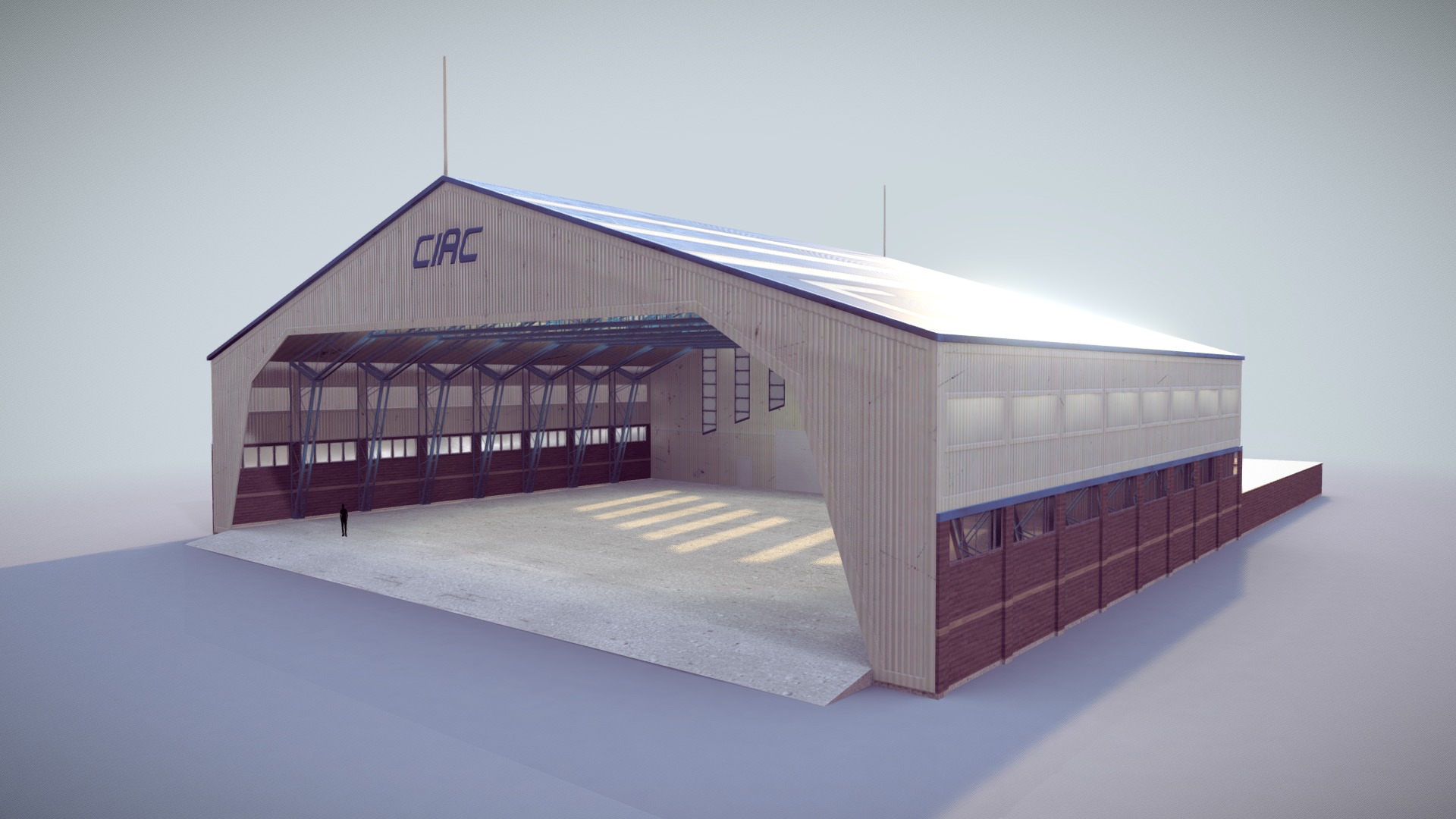 3D model Hangar 14 CIAC - This is a 3D model of the Hangar 14 CIAC. The 3D model is about a building with a roof.