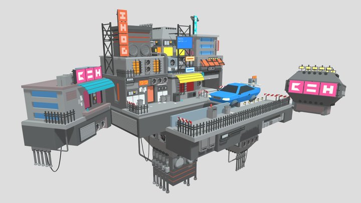 Floating Cyberpunk City - Low Poly 3D Model