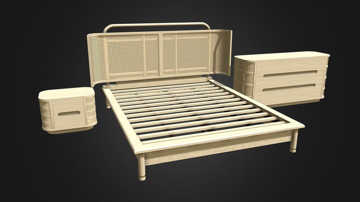Bed, Nightstand & Dresser (wood/weave) 3D Model