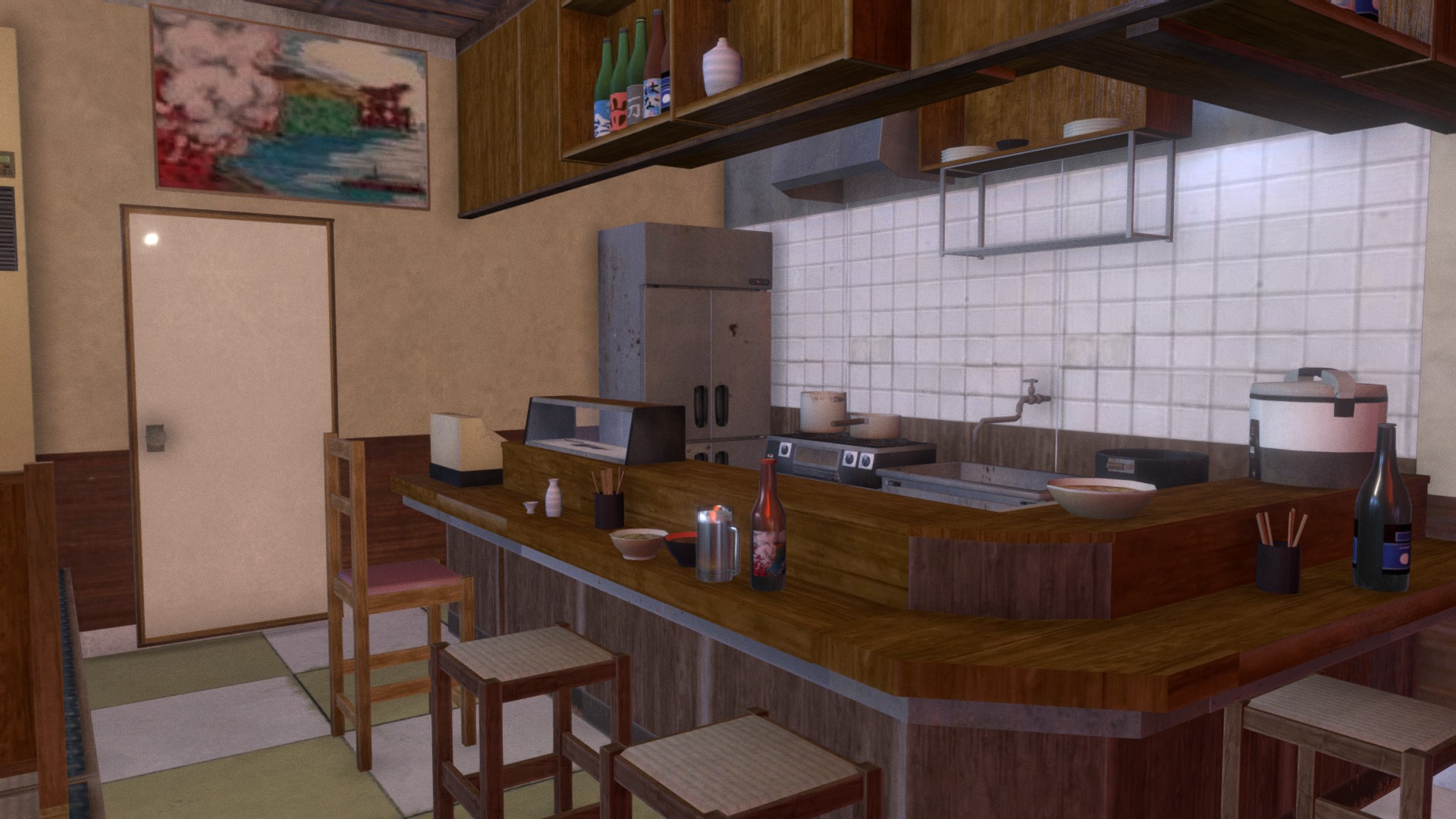 3D model Shouwa izakaya  80’s pub 01 - This is a 3D model of the Shouwa izakaya  80's pub 01. The 3D model is about a kitchen with a table and chairs.
