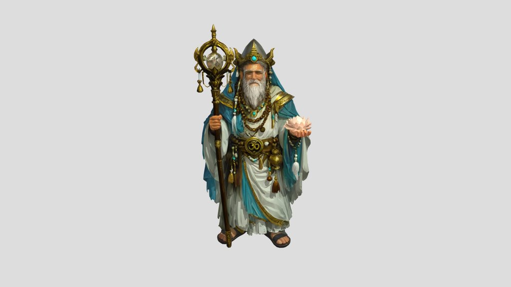 An elderly spiritual sage holding a staff and l