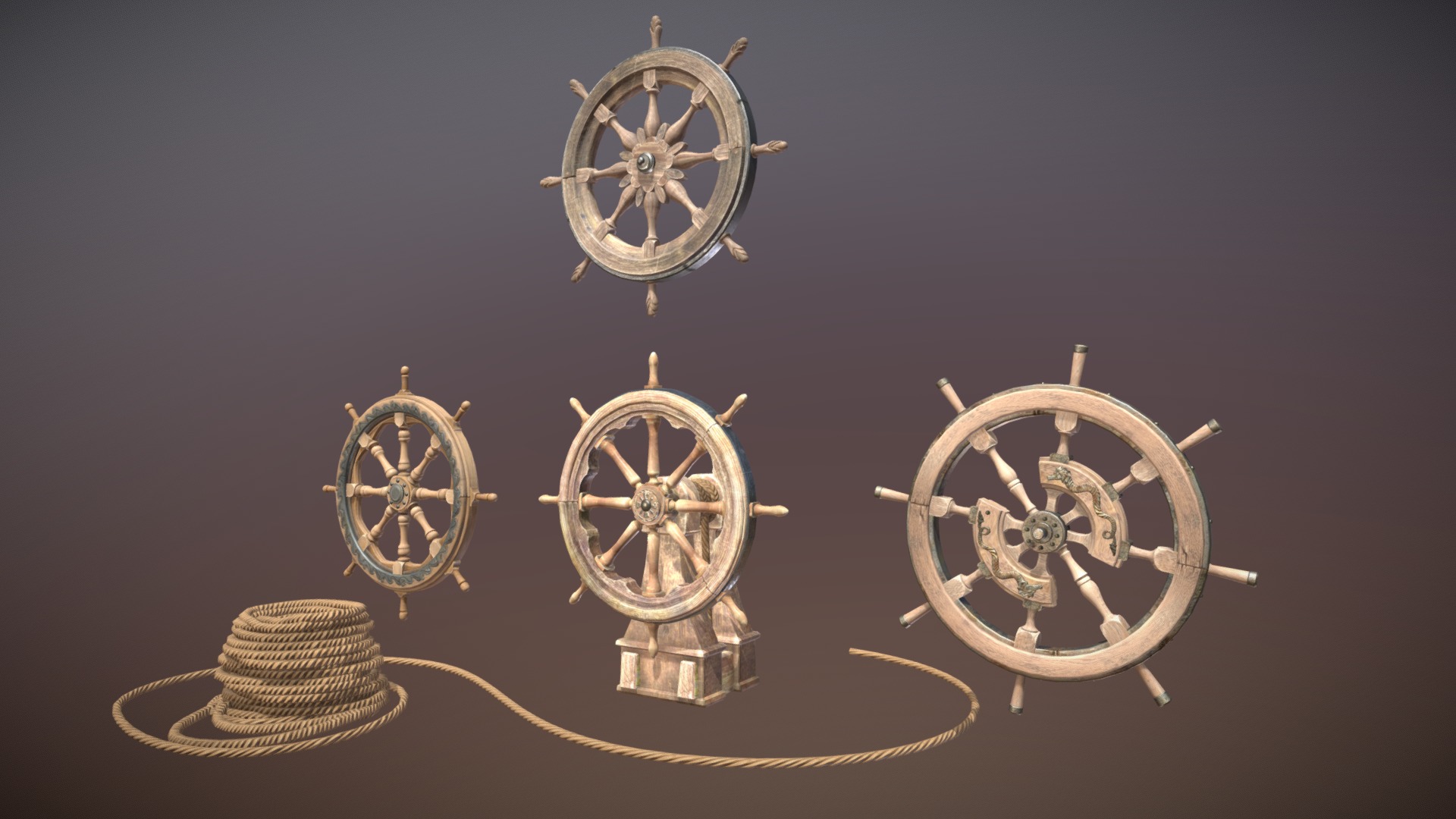 3D model Old ship steering wheels - This is a 3D model of the Old ship steering wheels. The 3D model is about a group of gold and silver gears.