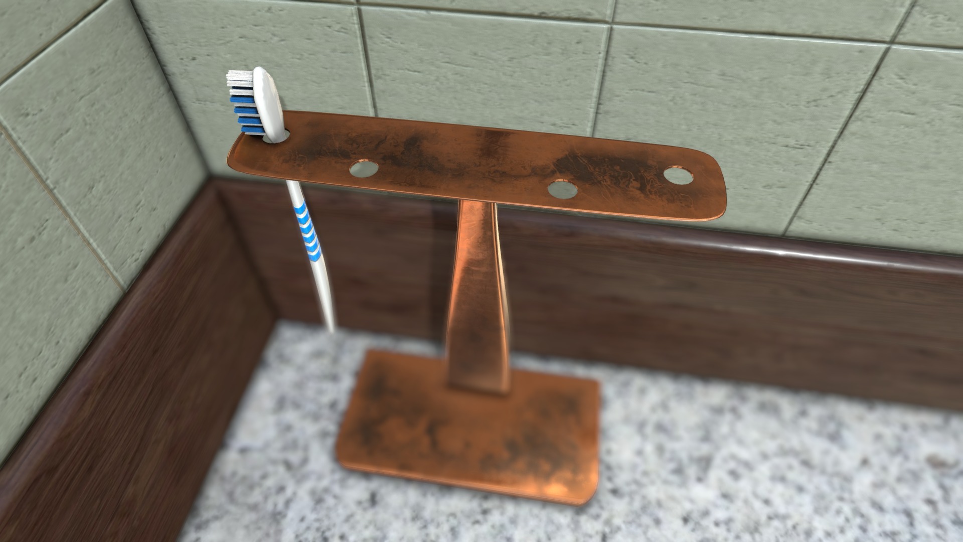 3D model Toothbrush and Brass Toothbrush Holder. - This is a 3D model of the Toothbrush and Brass Toothbrush Holder.. The 3D model is about a wooden hammer on a wooden surface.