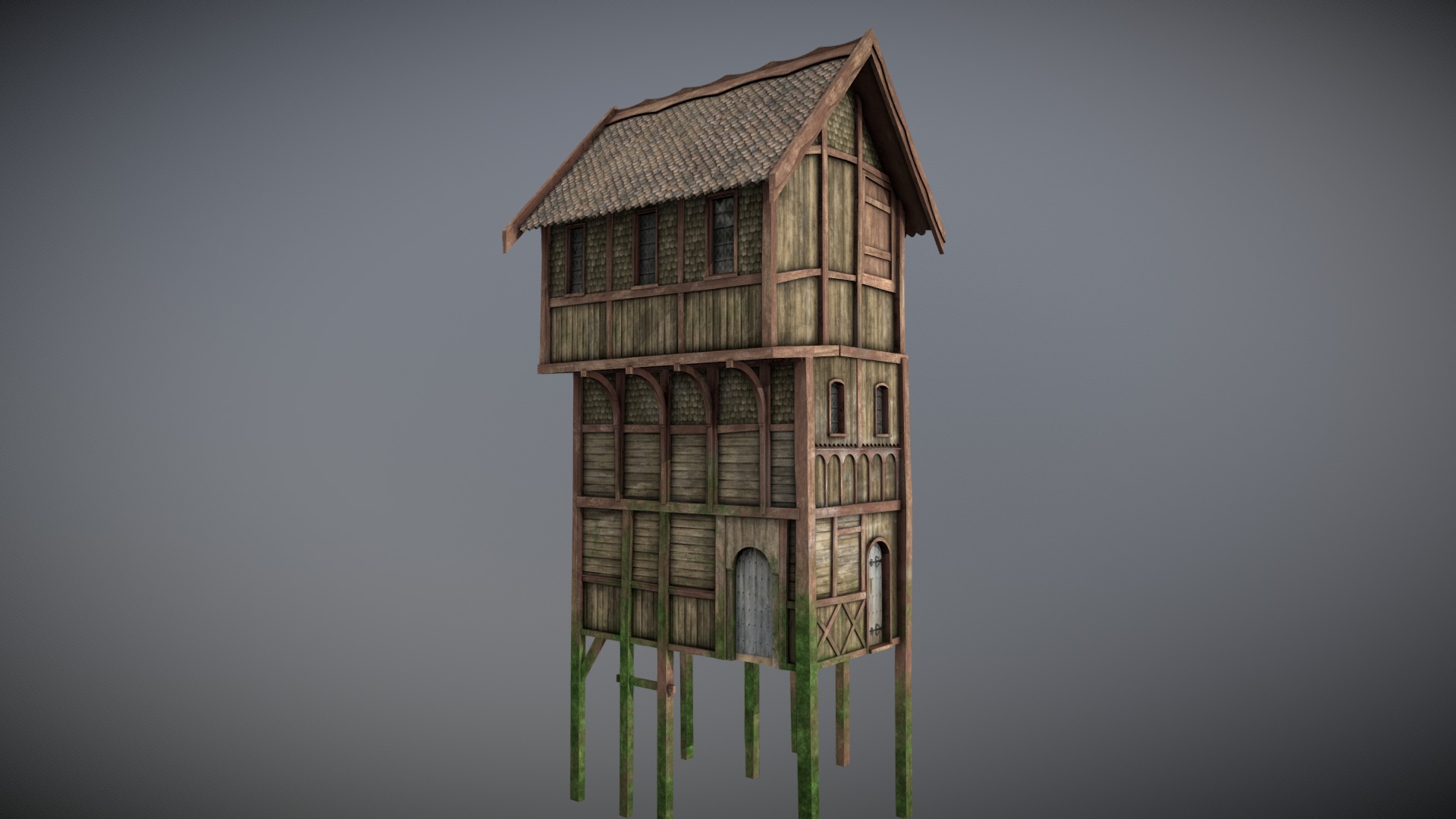 3D model Medieval lake village – House 9 - This is a 3D model of the Medieval lake village - House 9. The 3D model is about a building with a tower.