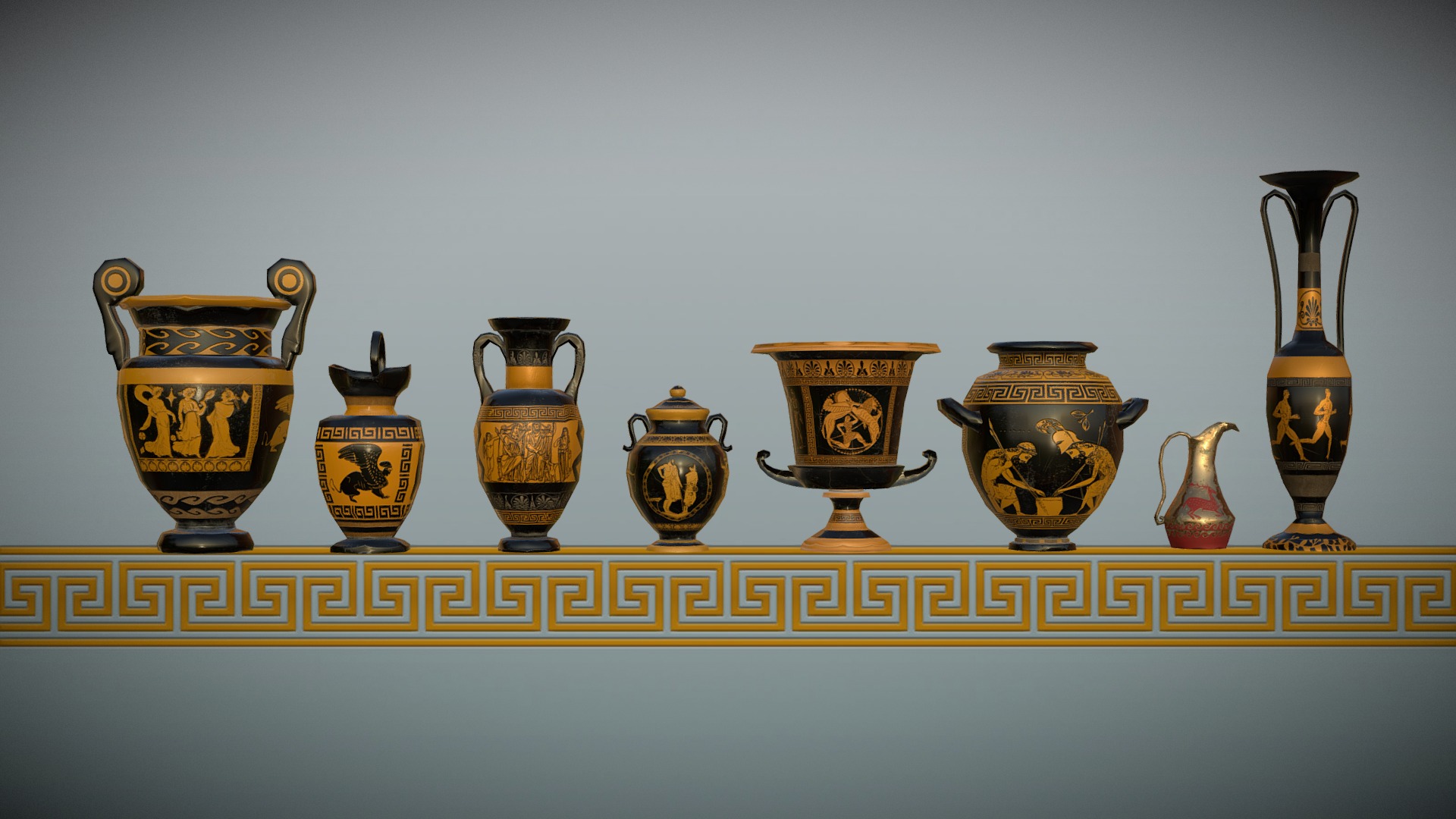 3D model Low Poly Grecian Pots - This is a 3D model of the Low Poly Grecian Pots. The 3D model is about a group of vases on a shelf.
