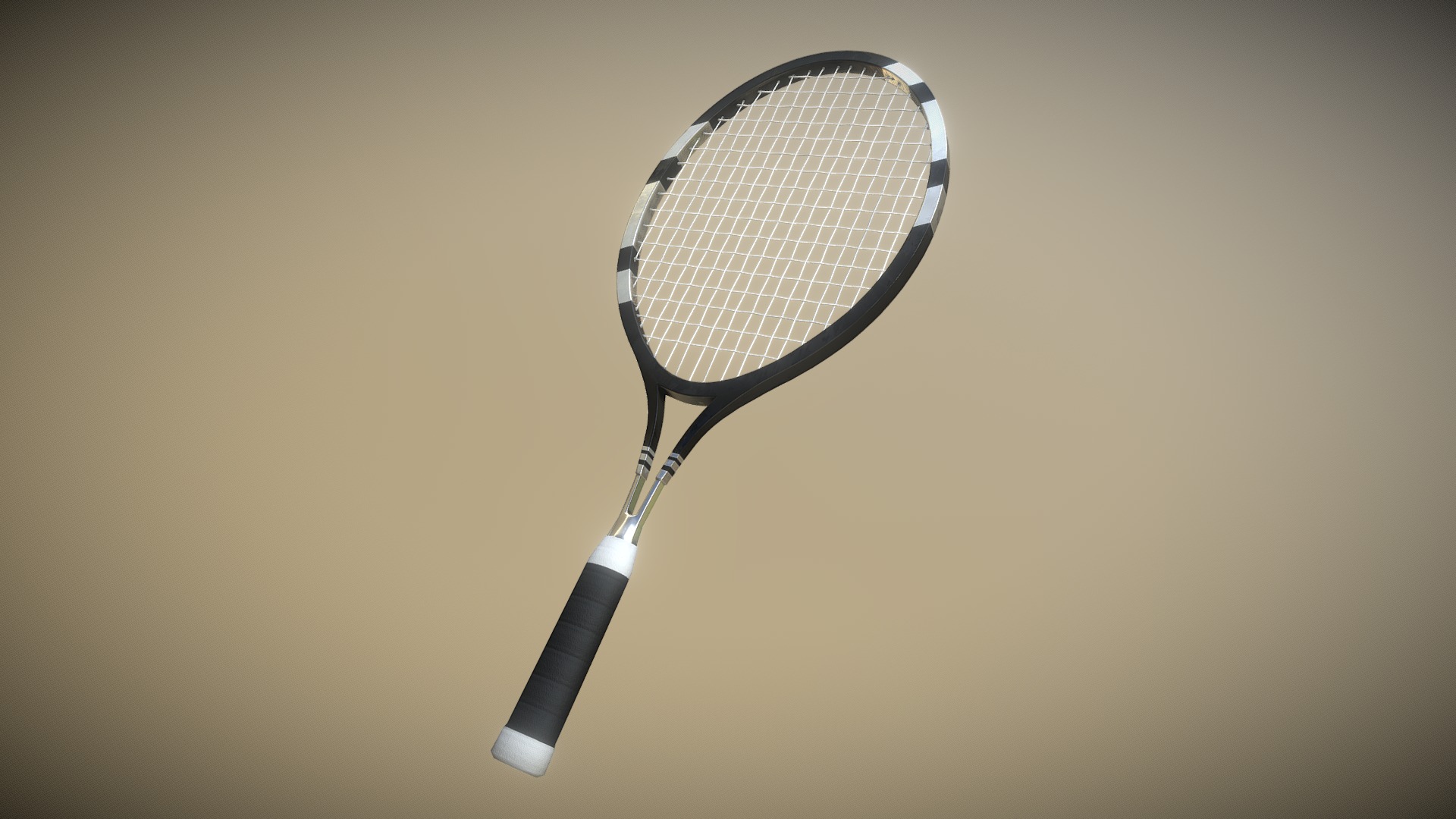 3D model Tennis Racket – Black Silver - This is a 3D model of the Tennis Racket - Black Silver. The 3D model is about a tennis racket on a table.