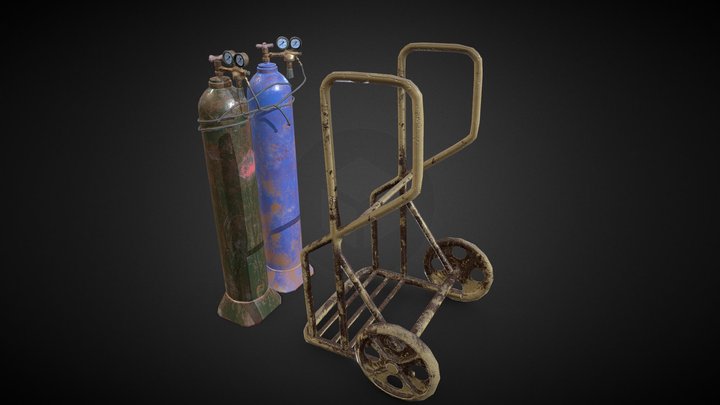 Old welding cylinders with cart 3D Model