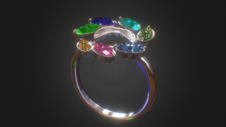 Flower Silver Ring with 7 Rainbow Color Diamonds 3D Model