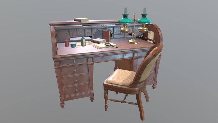 Antique wooden desk with props 3D Model