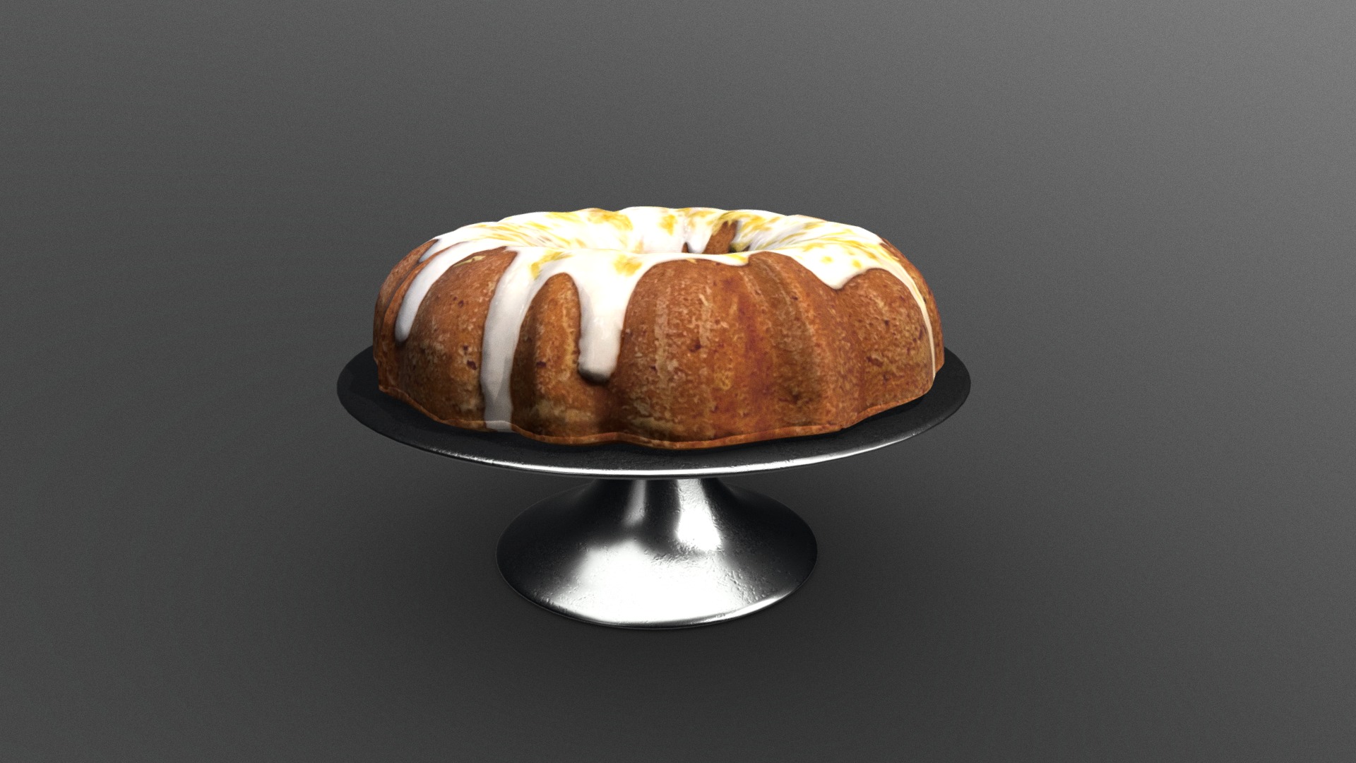 3D model Bundt Cake on Metal Cake Stand with White Icing - This is a 3D model of the Bundt Cake on Metal Cake Stand with White Icing. The 3D model is about a plate of food.