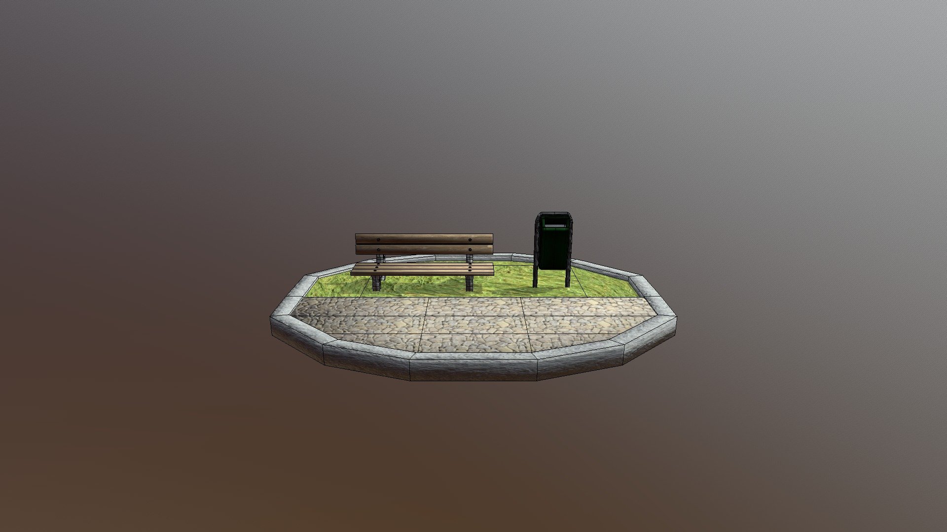 Park with bench and trashcan