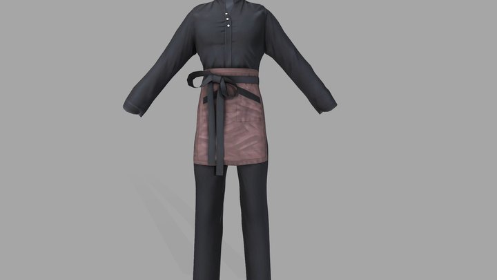 Mens Standing Collar Shirt Apron Waiter Uniform 3D Model