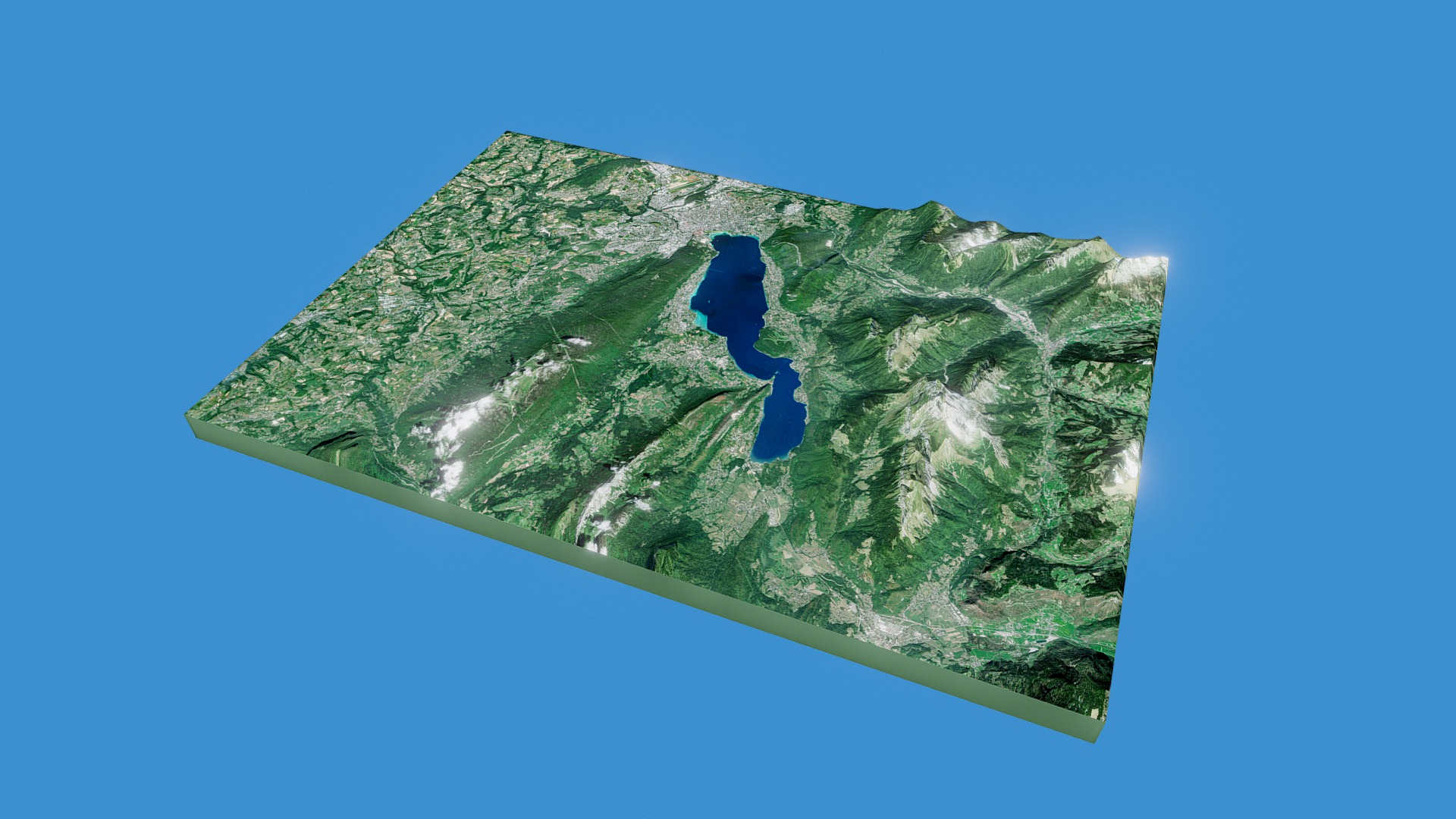 3D model Annecy Lake Area - This is a 3D model of the Annecy Lake Area. The 3D model is about a green mountain with a blue sky.