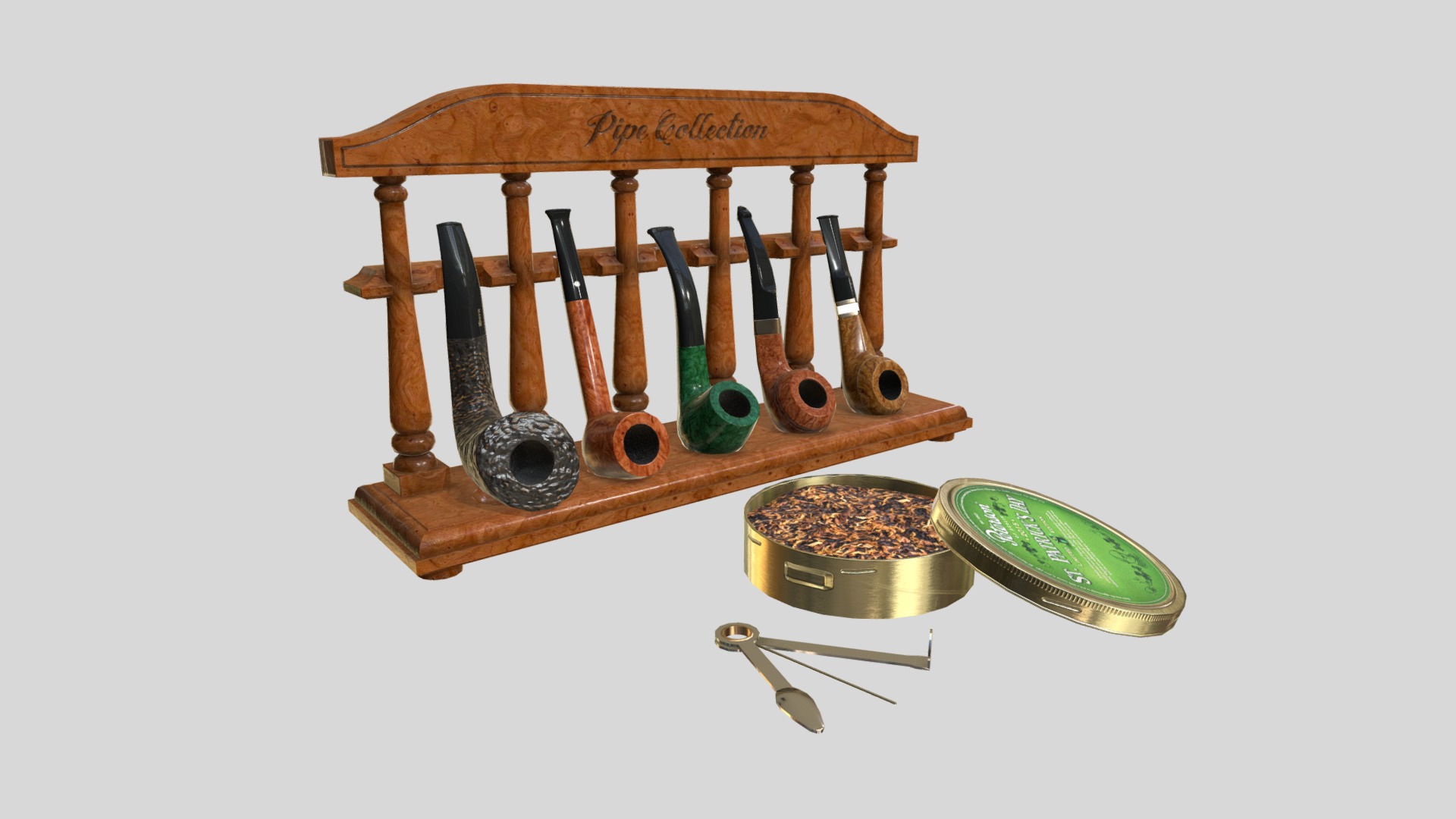 3D model Smoking Briar Pipe Set - This is a 3D model of the Smoking Briar Pipe Set. The 3D model is about a wooden table with a few metal bowls and a metal bowl.