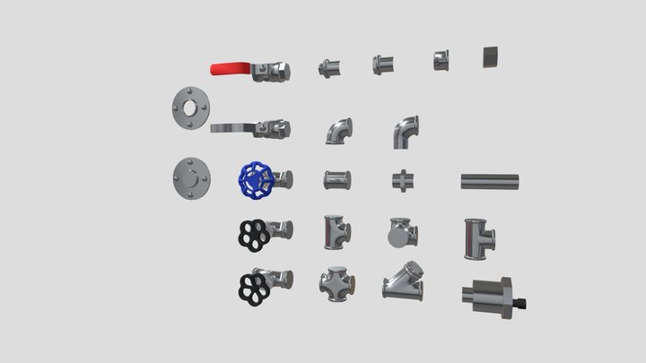 1/2" metal pipe, valves, fittings [assets lib] 3D Model