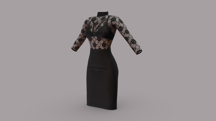 Pencil Skirt Lace Top Black Female Dress 3D Model