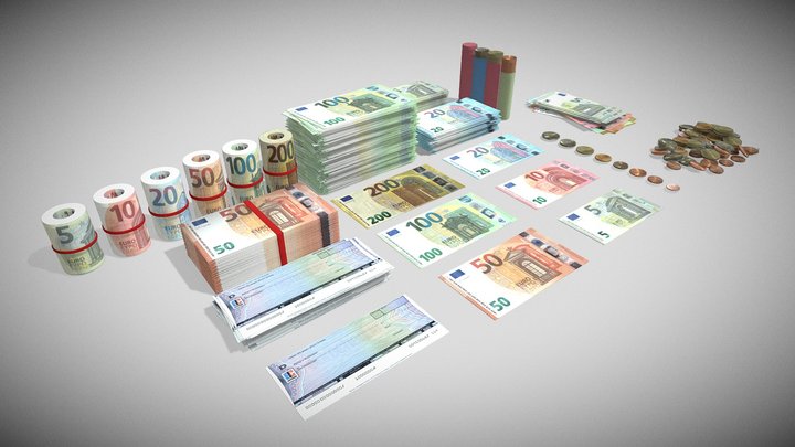 Multi_Lowpoly_Euro_Full_Set_Banknotes_Coins 3D Model