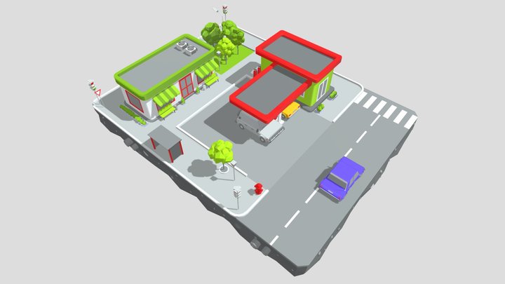 Gas Station from Cartoon Low Poly City 3D Model