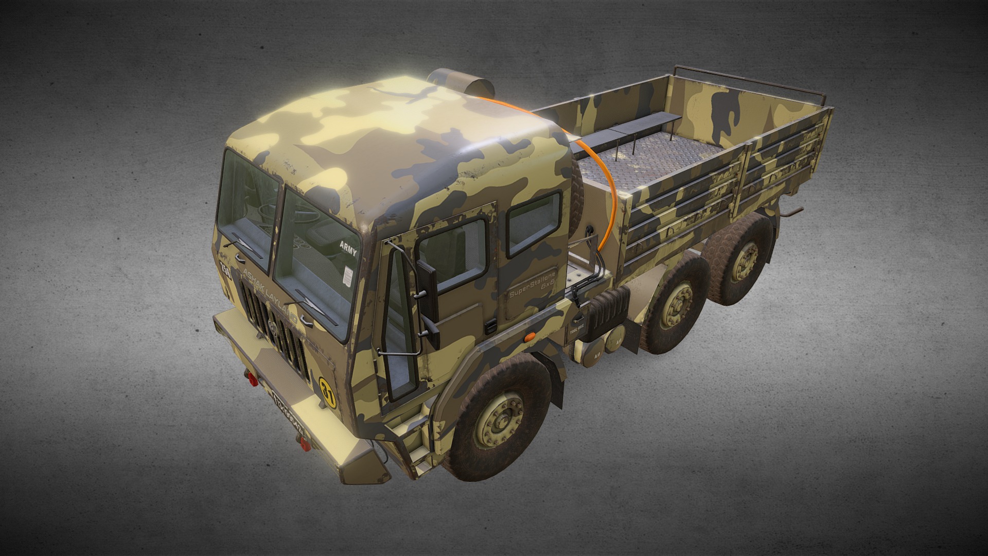 3D model 6×6 Military Truck Variation 1 (No Tarp Frame) - This is a 3D model of the 6x6 Military Truck Variation 1 (No Tarp Frame). The 3D model is about a toy truck on a grey surface.