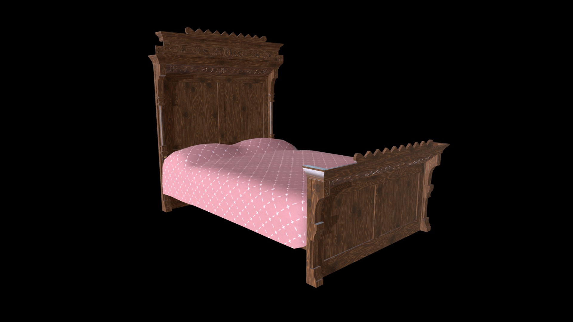3D model East Lake Style Bed - This is a 3D model of the East Lake Style Bed. The 3D model is about a wood box with a pink and purple cloth on it.
