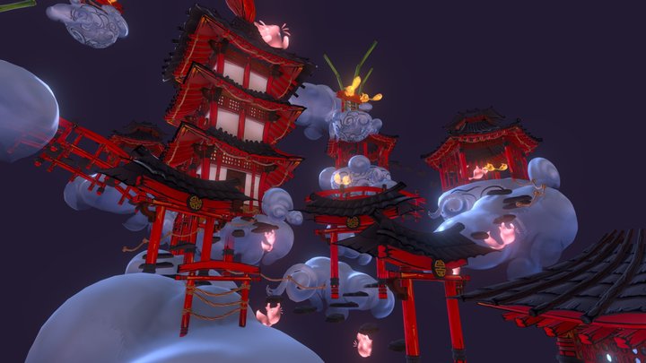 Fox Spirit Haven - Stylized Japanese Shrine 3D Model