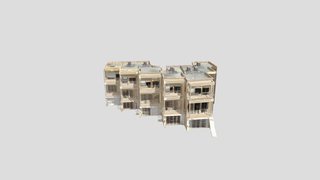 A row of three-story townhouses.