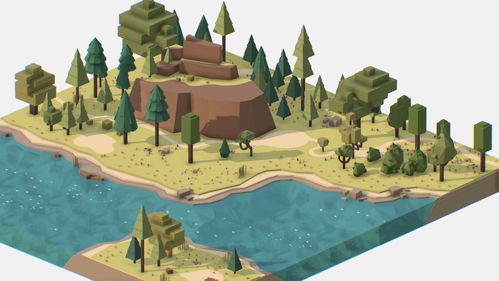 Isometric style summer mountain landscape river 3D Model