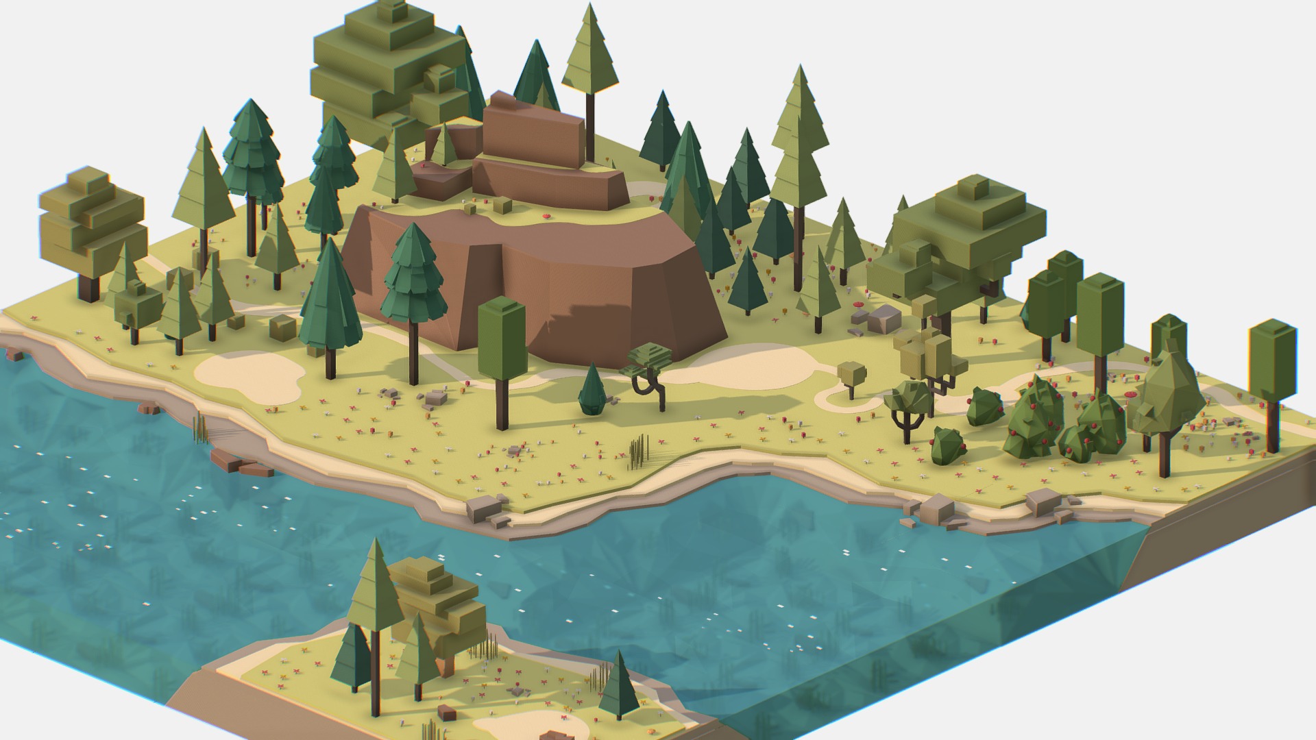 3D model Isometric style summer mountain landscape river - This is a 3D model of the Isometric style summer mountain landscape river. The 3D model is about a model of a town.
