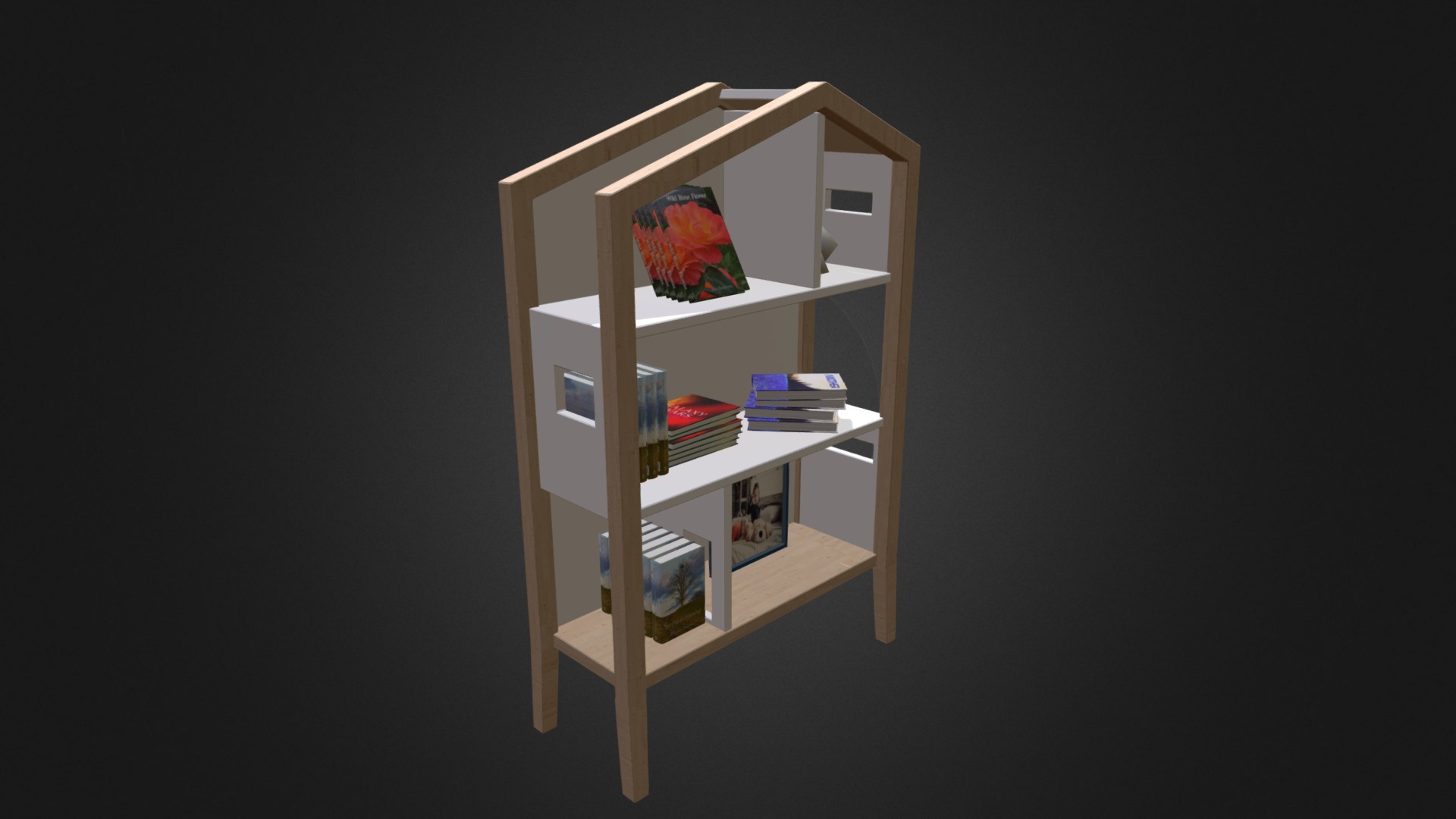 3D model House Shape Shelf - This is a 3D model of the House Shape Shelf. The 3D model is about a wooden shelf with books and a toy on it.