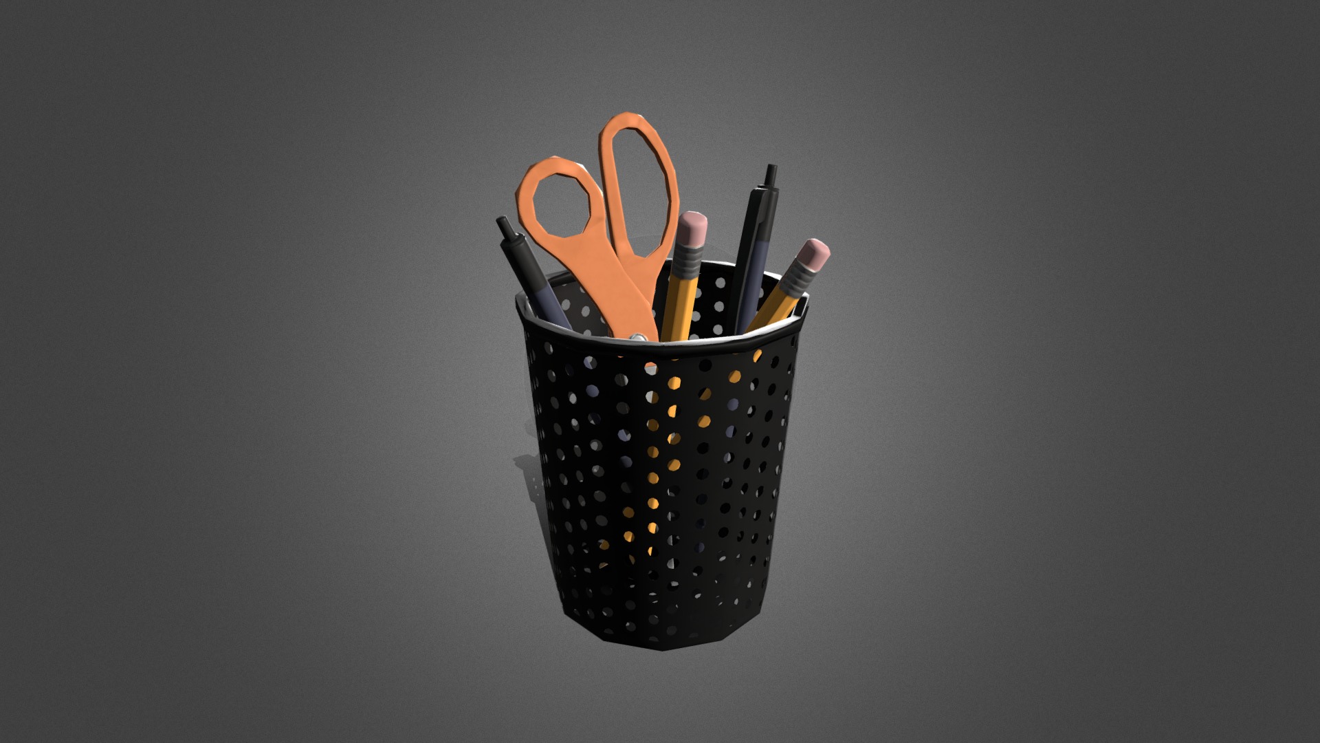 3D model Stylized Mesh Pen Holder - This is a 3D model of the Stylized Mesh Pen Holder. The 3D model is about a black and yellow mug with scissors.