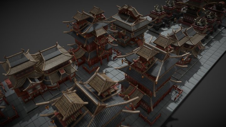 Low poly Chinese style architectural Game assets 3D Model