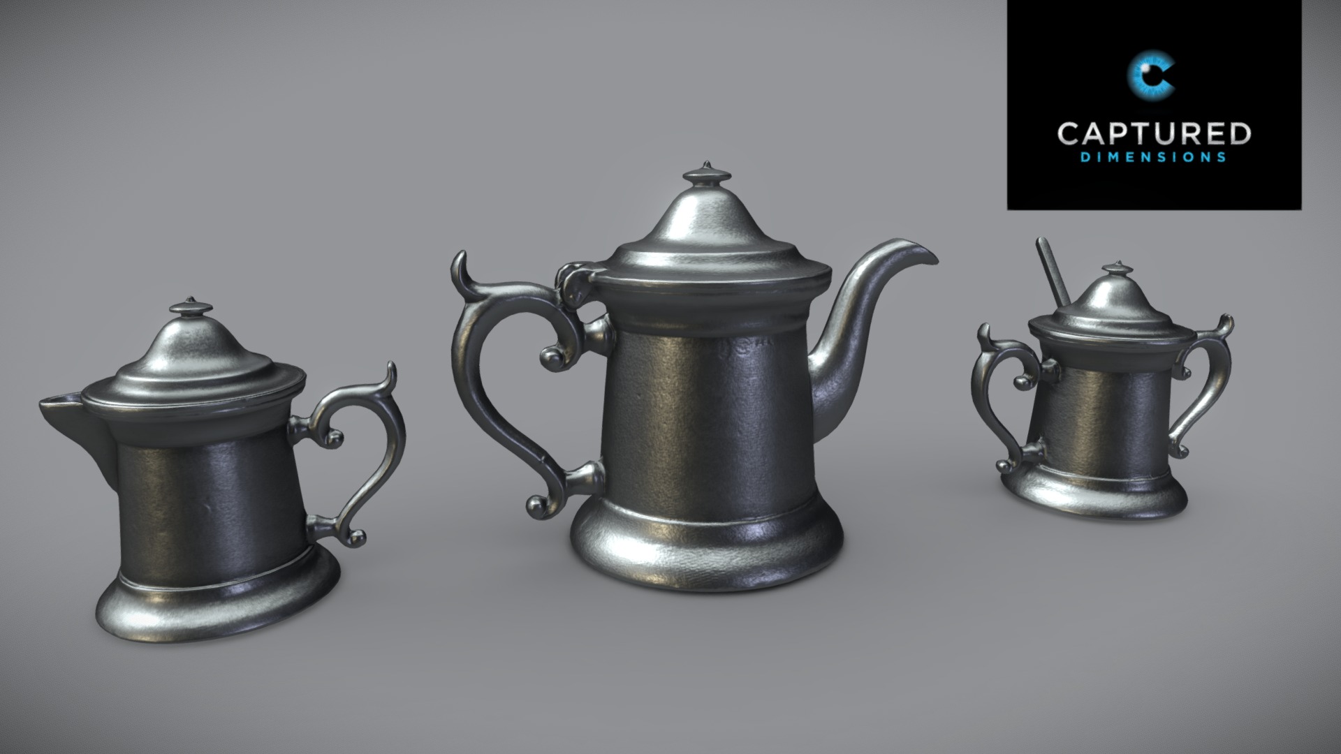 3D model Brushed Metal Vintage Tea Set - This is a 3D model of the Brushed Metal Vintage Tea Set. The 3D model is about a group of metal pots.