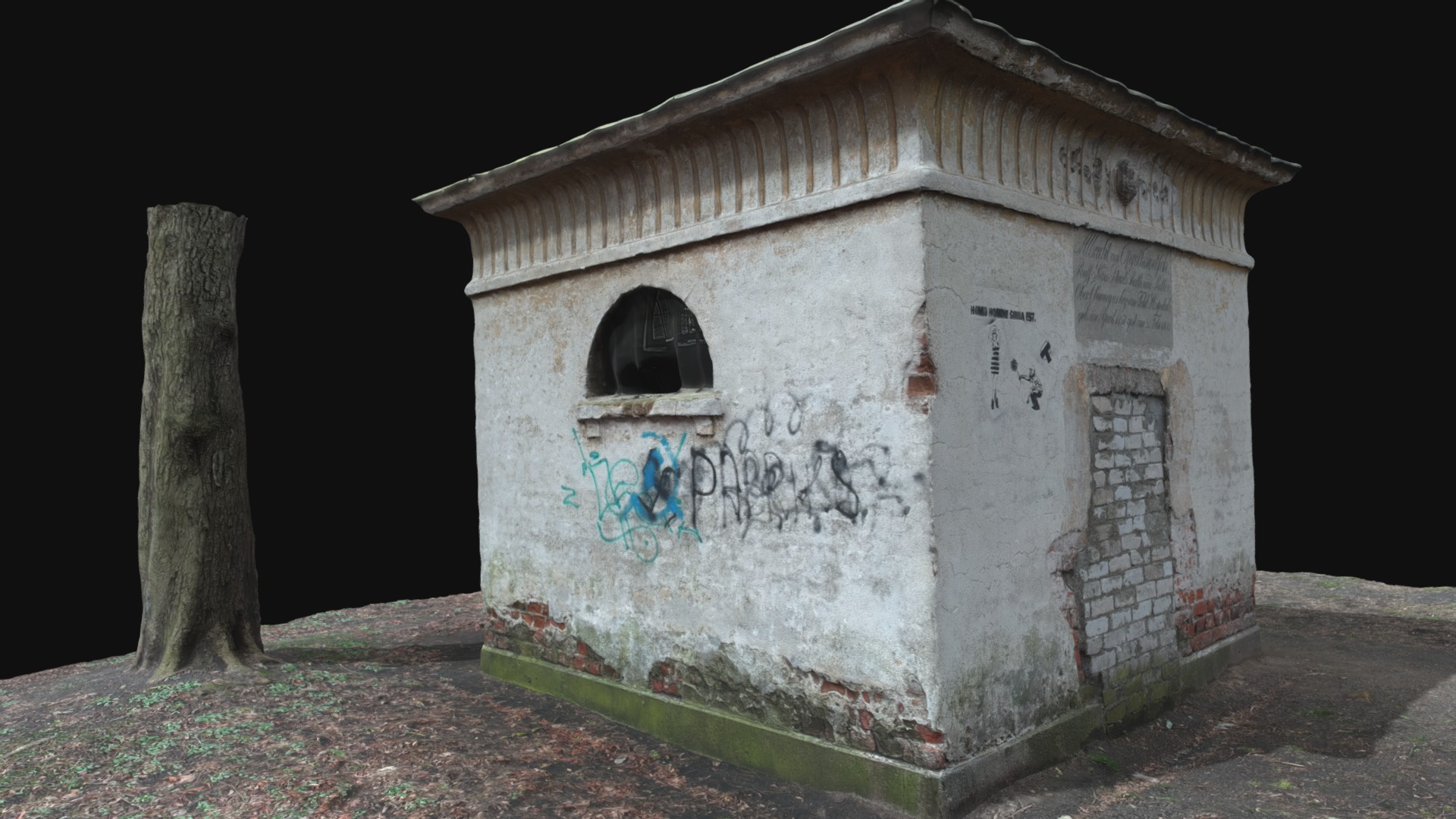 3D model Graveyard Brick House - This is a 3D model of the Graveyard Brick House. The 3D model is about a white building with graffiti.