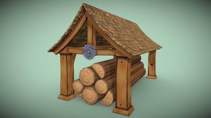 Stylized log shed sawmill PBR game ready Low-pol 3D Model