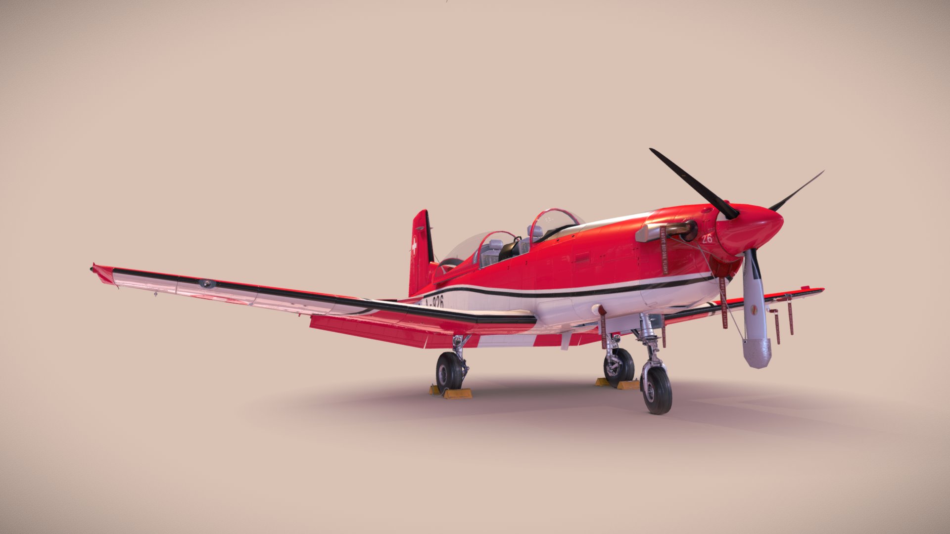 3D model Pilatus PC-7 Mk-I SAFRedWhite - This is a 3D model of the Pilatus PC-7 Mk-I SAFRedWhite. The 3D model is about a small red and white airplane.
