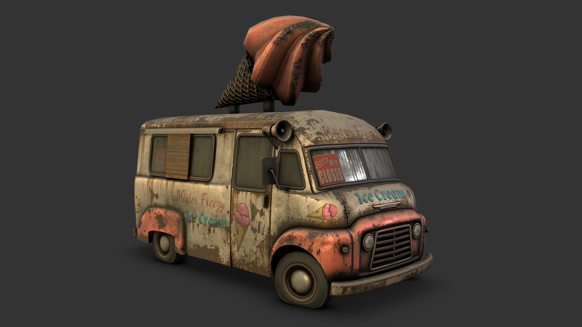 3D model Icecream Truck Challenge – Nuked Ice Cream Truck - This is a 3D model of the Icecream Truck Challenge - Nuked Ice Cream Truck. The 3D model is about a toy bus with a hat on top.