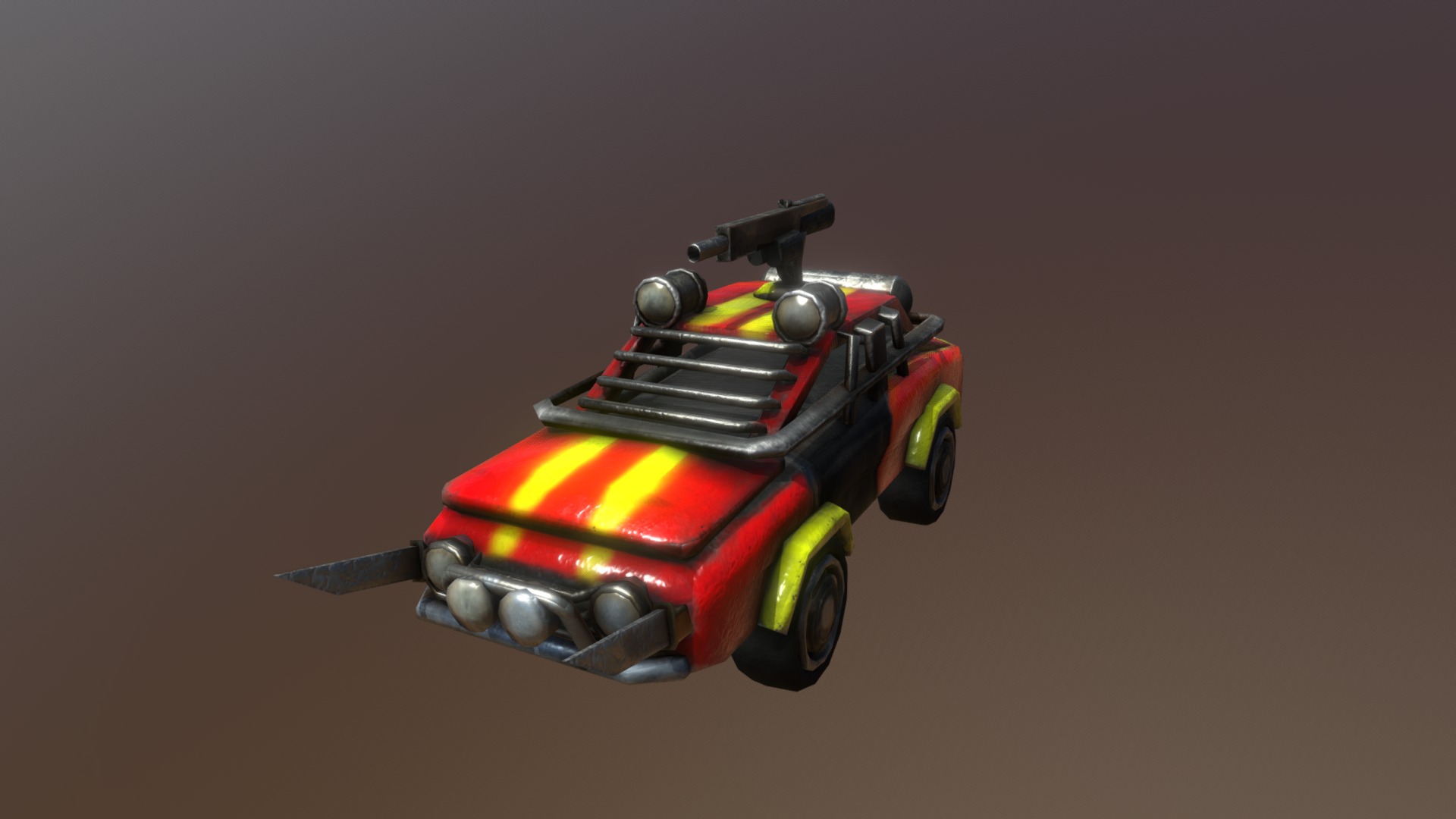 3D model Commercial – Wasteland Dweller’s Vehicle - This is a 3D model of the Commercial - Wasteland Dweller's Vehicle. The 3D model is about a toy car with a red and yellow top.