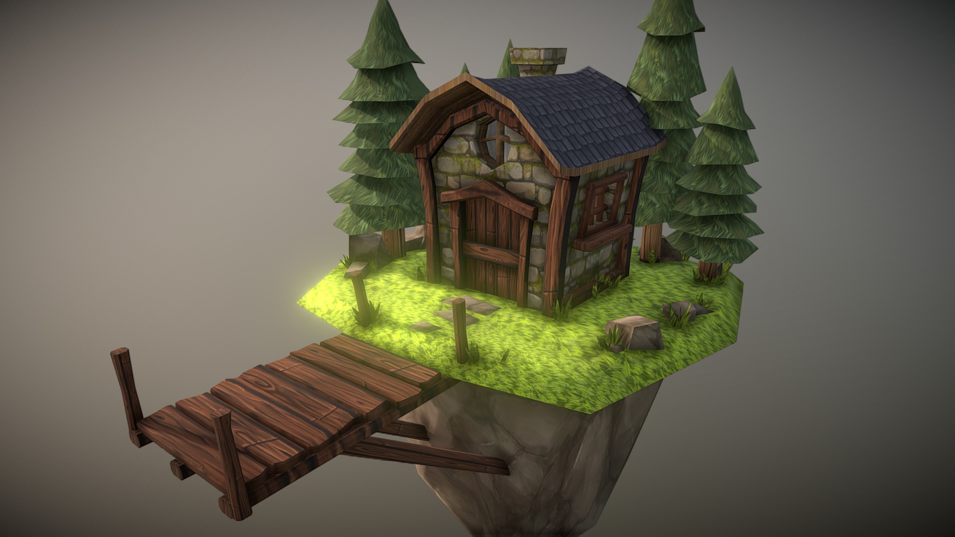 3D model Tiny Cabin Fantasy Textured For Challenge - This is a 3D model of the Tiny Cabin Fantasy Textured For Challenge. The 3D model is about a toy house on a table.