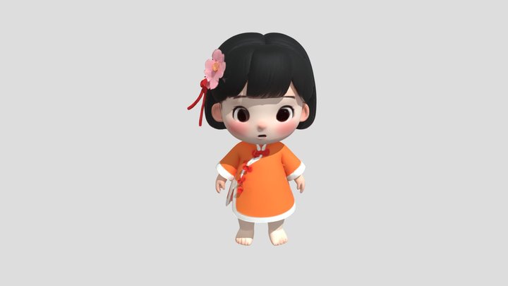 chibi girl in orange dress with flower hairpin 3D Model