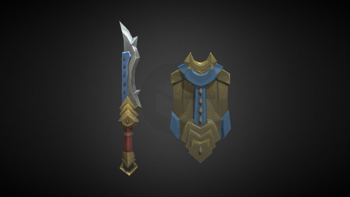 Warcraft Style Sword and Shield 3D Model