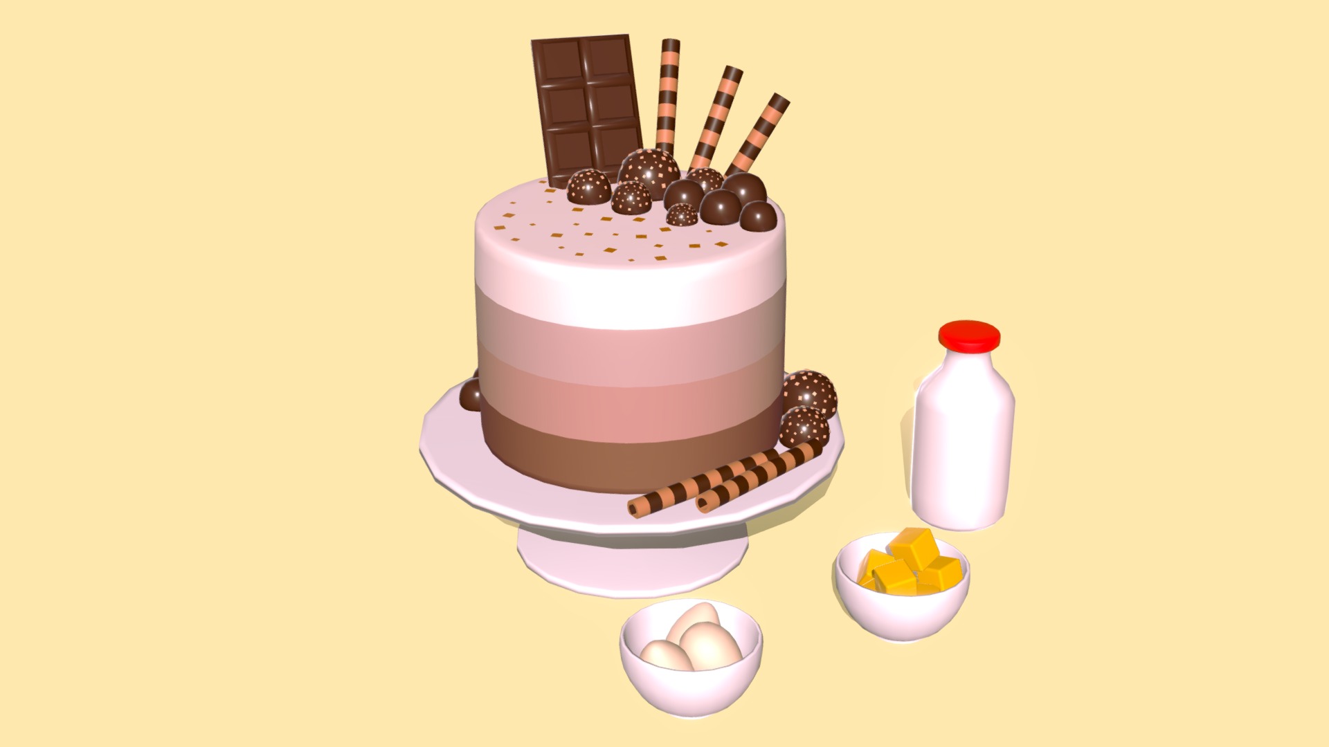 3D model National Cake Day - This is a 3D model of the National Cake Day. The 3D model is about a cake with a candle and a bowl of fruit.