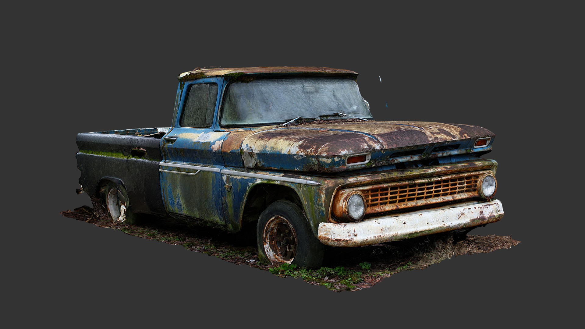3D model Overgrown Pickup (Raw Scan) - This is a 3D model of the Overgrown Pickup (Raw Scan). The 3D model is about a blue truck with a rusty front end.