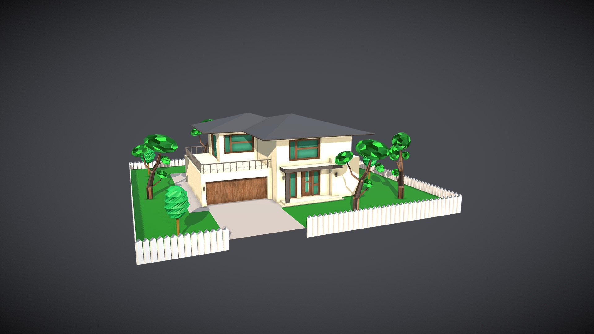 3D model Low-Poly House + Yard - This is a 3D model of the Low-Poly House + Yard. The 3D model is about a house with trees and grass.