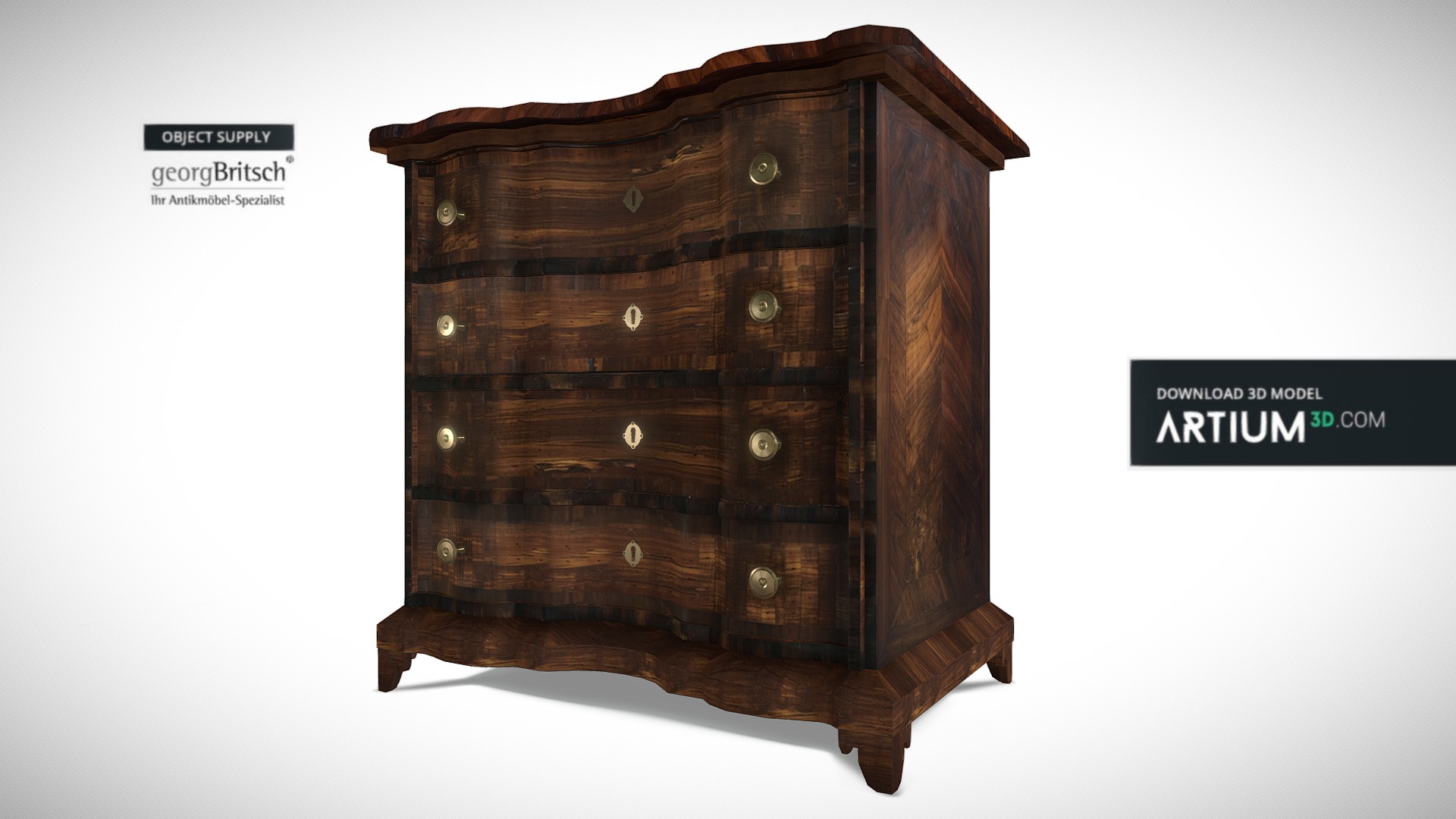3D model Baroque commode – Georg Britsch - This is a 3D model of the Baroque commode - Georg Britsch. The 3D model is about a wooden chest with a sign.