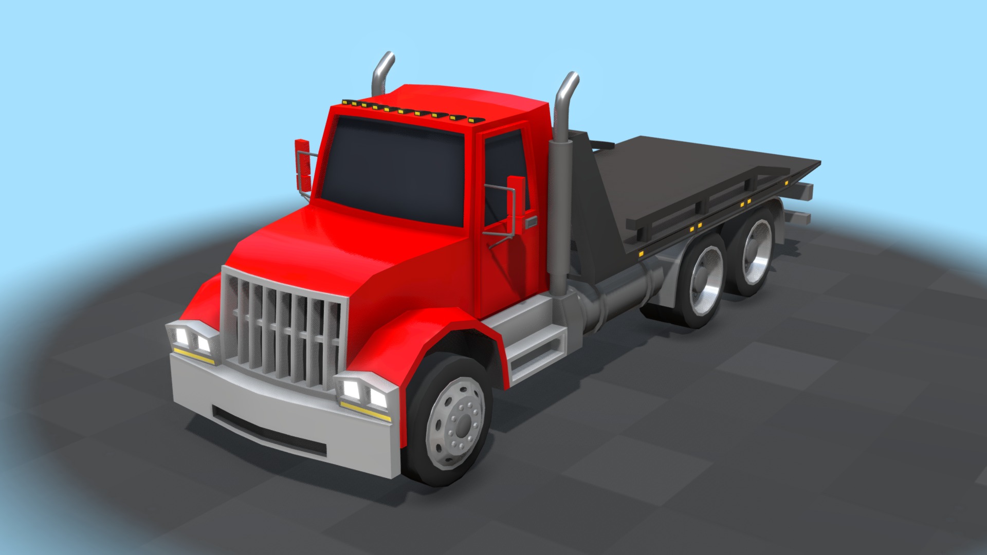 3D model Low Poly Tow Truck - This is a 3D model of the Low Poly Tow Truck. The 3D model is about a red truck with a flatbed.