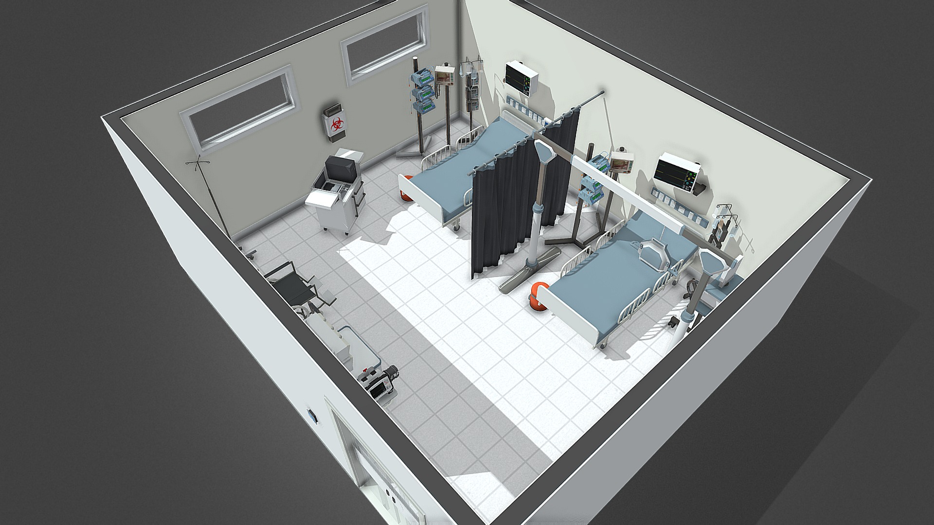3D model Covid-19 ICU room - This is a 3D model of the Covid-19 ICU room. The 3D model is about a high angle view of a ship.