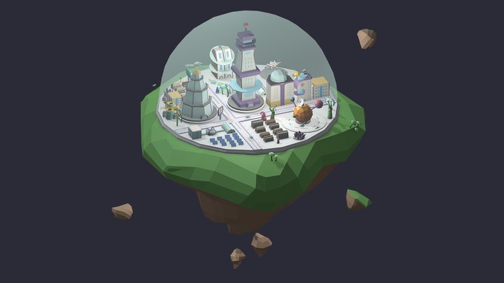 Flying Sci Fi Island City Low-poly 3D model 3D Model