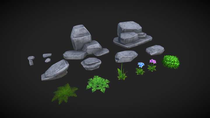 Low poly / Stylized Rocks and Plants 3D Model